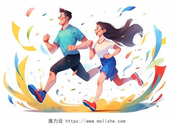 人物一位男子和一位女子快乐地并肩奔跑卡通AI插画